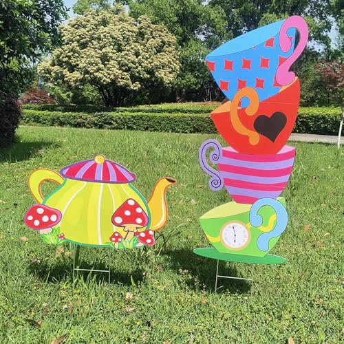 Alice Party Decorations Wonderland Yard Decor,Garden Tea Party Decoration,Themed Trick or Treat Yard Stakes Stand Set,Stacked Teacups and Teapot with Brackets,Lawn Archway Indoor Outdoor Supplies
