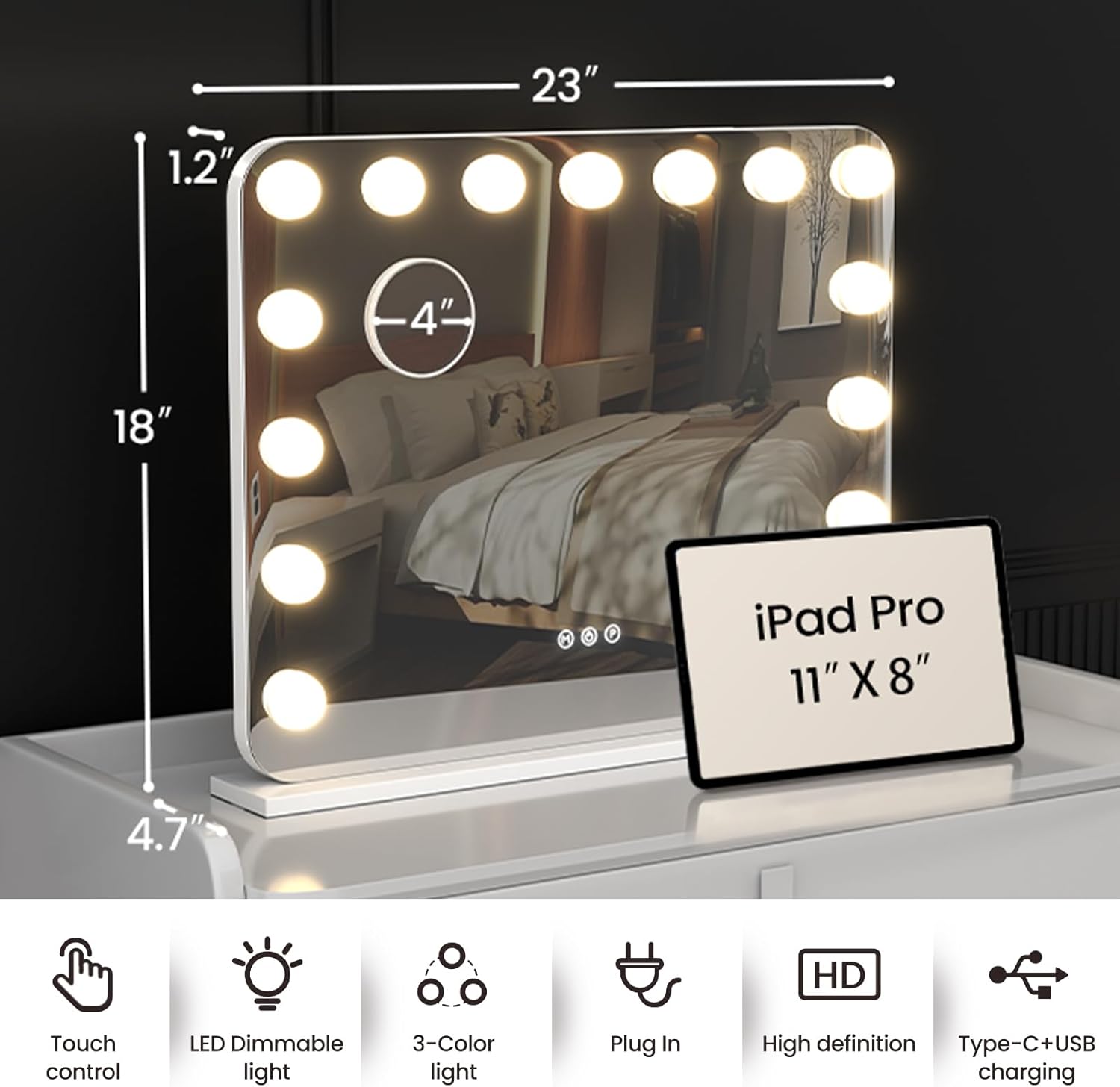 Vanity Mirror with Lights, 23"×18" Hollywood Vanity Mirror with Lights 15 Dimmable LED Bulbs, 3 Color Modes, 10X Magnification, USB Charging Port, Tabletop or Wall-Mounted (White, 23 * 18)