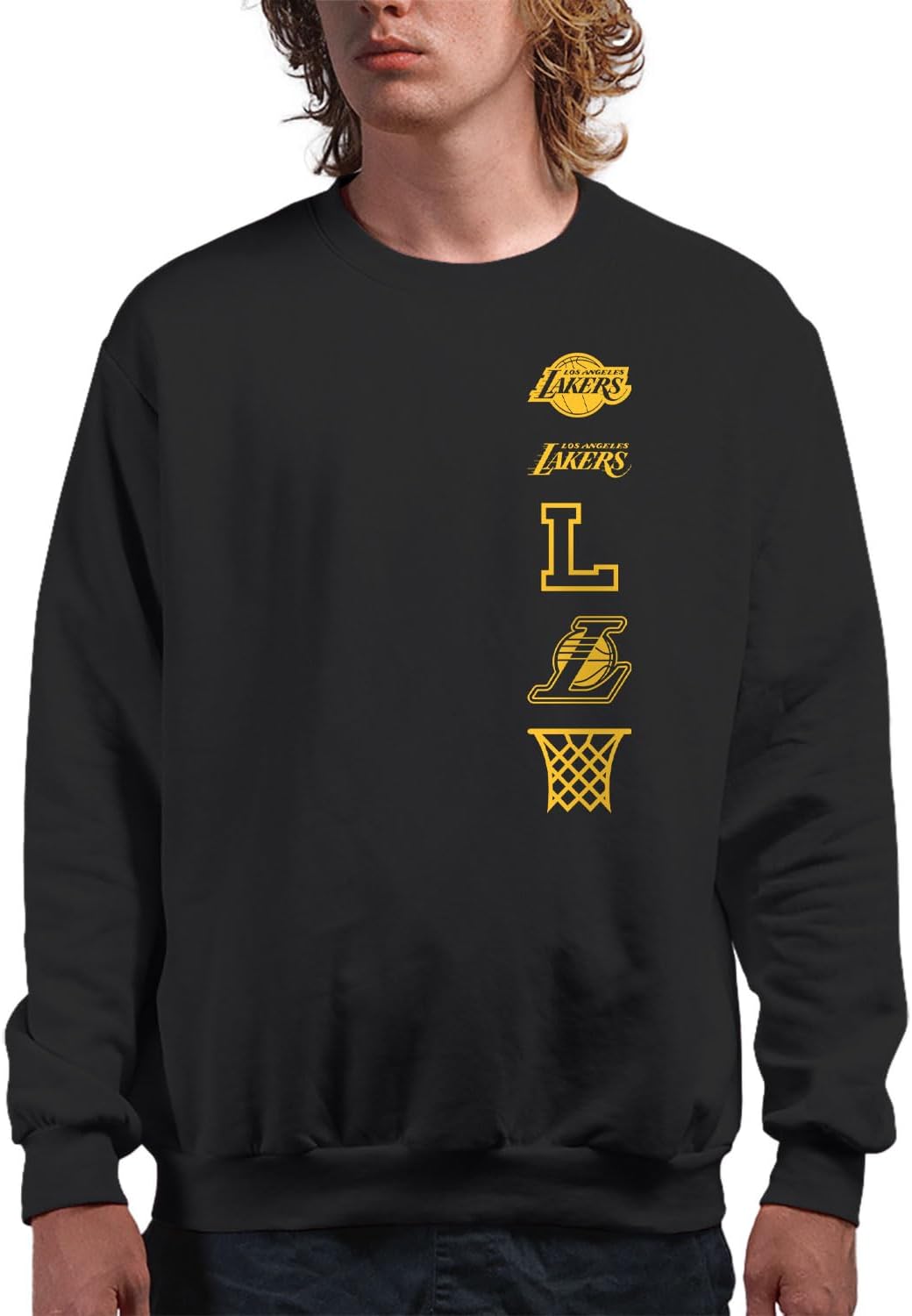 Junk Food NBA - Stacked Logo - Officially Licensed Adult Pullover Fleece Crew Neck for Men and Women Los Angeles Lakers Small Black