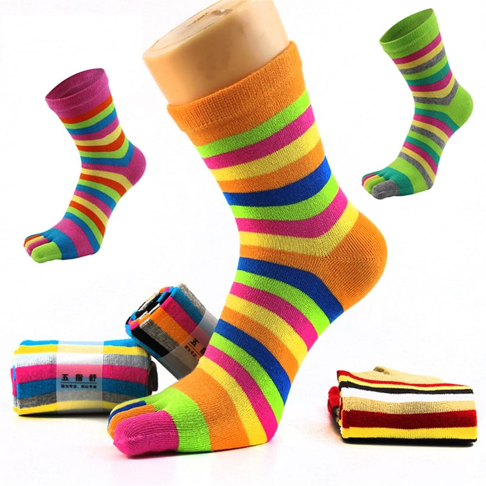 Calcetines de pie Calcetines de algodón a Rayas de Colores Transpirables Divertidos Calcetines de Tubo Calcetines de Cinco Dedos Calcetines de Tobillo