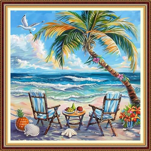 Image of Fanxvivy Stamped Counted Cross Stitch Kits for Adults Printed Cross-Stitch Patterns 11CT Stamped or Counted Cross Stitching Embroidery Kit Needlepoint Kits-Afternoon Tea by the Sea 18x18 inch