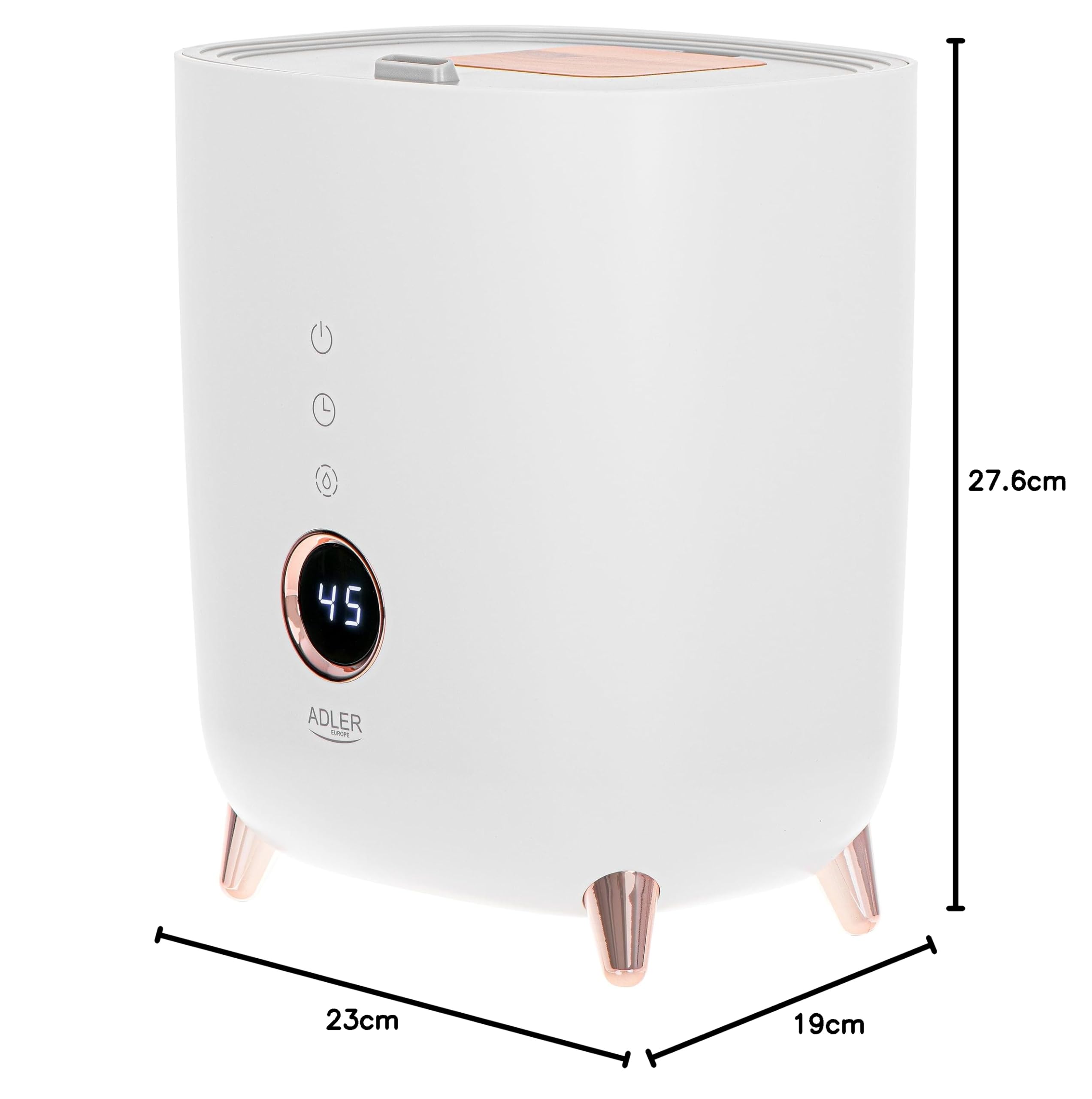 ADLER EUROPE AD 7972 ultradźwiękowy nawilżacz powietrza, ekran LED z przyciskami dotykowymi, zakres pracy do 35 m2, pojemność nawilżania 150-300 ml/h, funkcja aromaterapii (biały)
