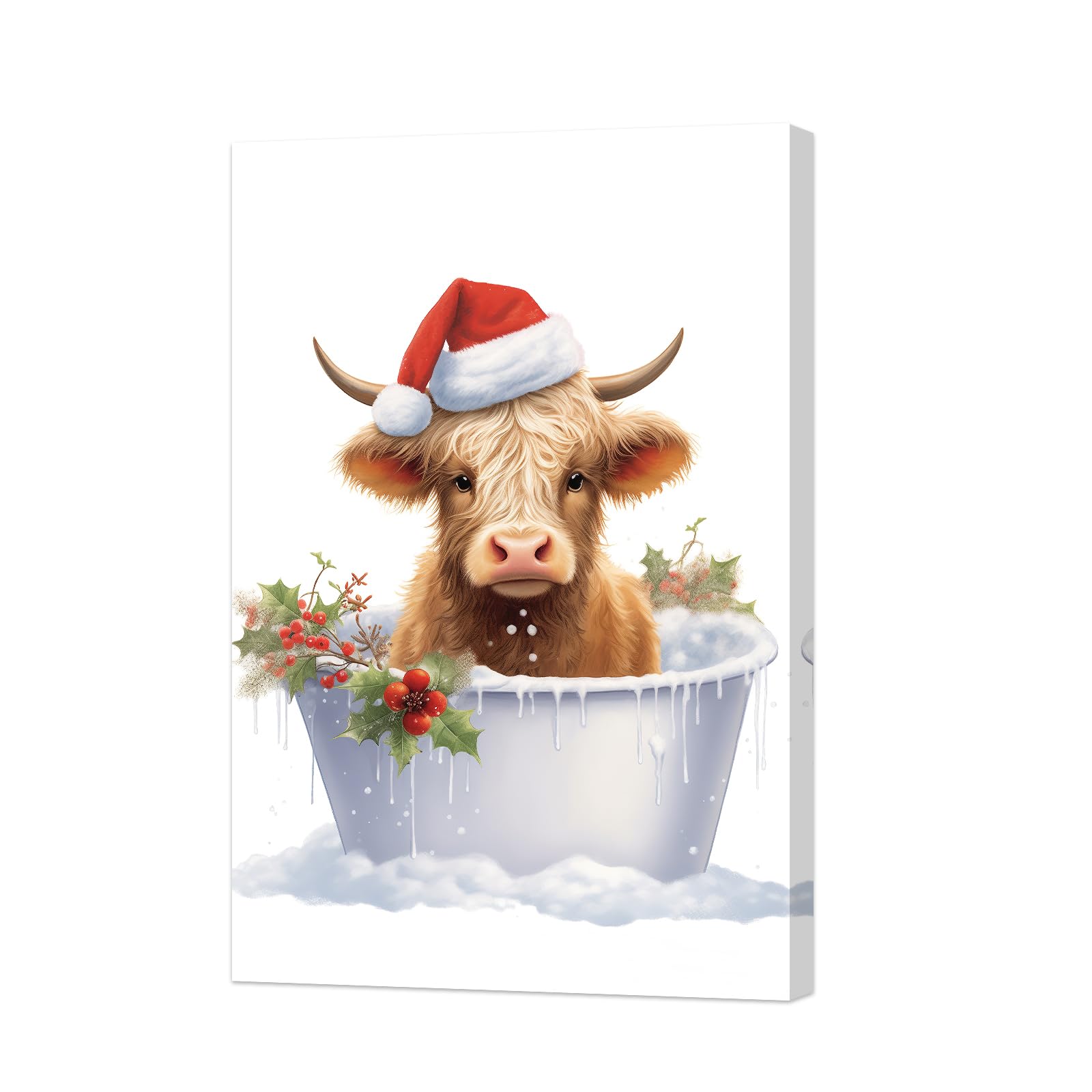 ZXHYWYM Bathroom Aniaml Wall Art Christmas Highland Cow Canvas Prints Cattle In Bathtub Picture Wall Decor Red Hat Cow Poster Funny Xmas Gifts Frame (A, (60.00 x 90.00 cms)) โ image 1