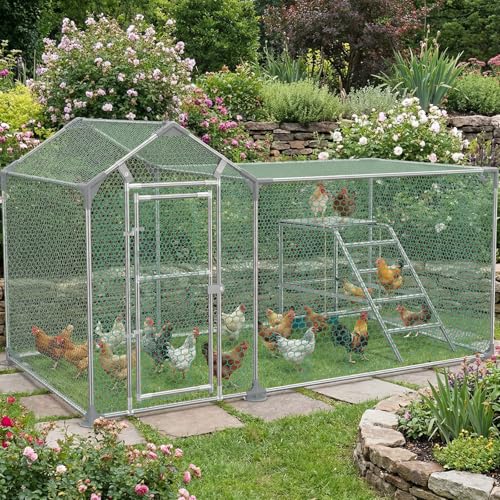 Soontrans Gallinero de 3 x 1 x 1,5 m, recinto combinado para gallinero con salida para retirada y juegos, acero galvanizado, lona de techo, malla de alambre y puerta, recinto para gallinas para jardín