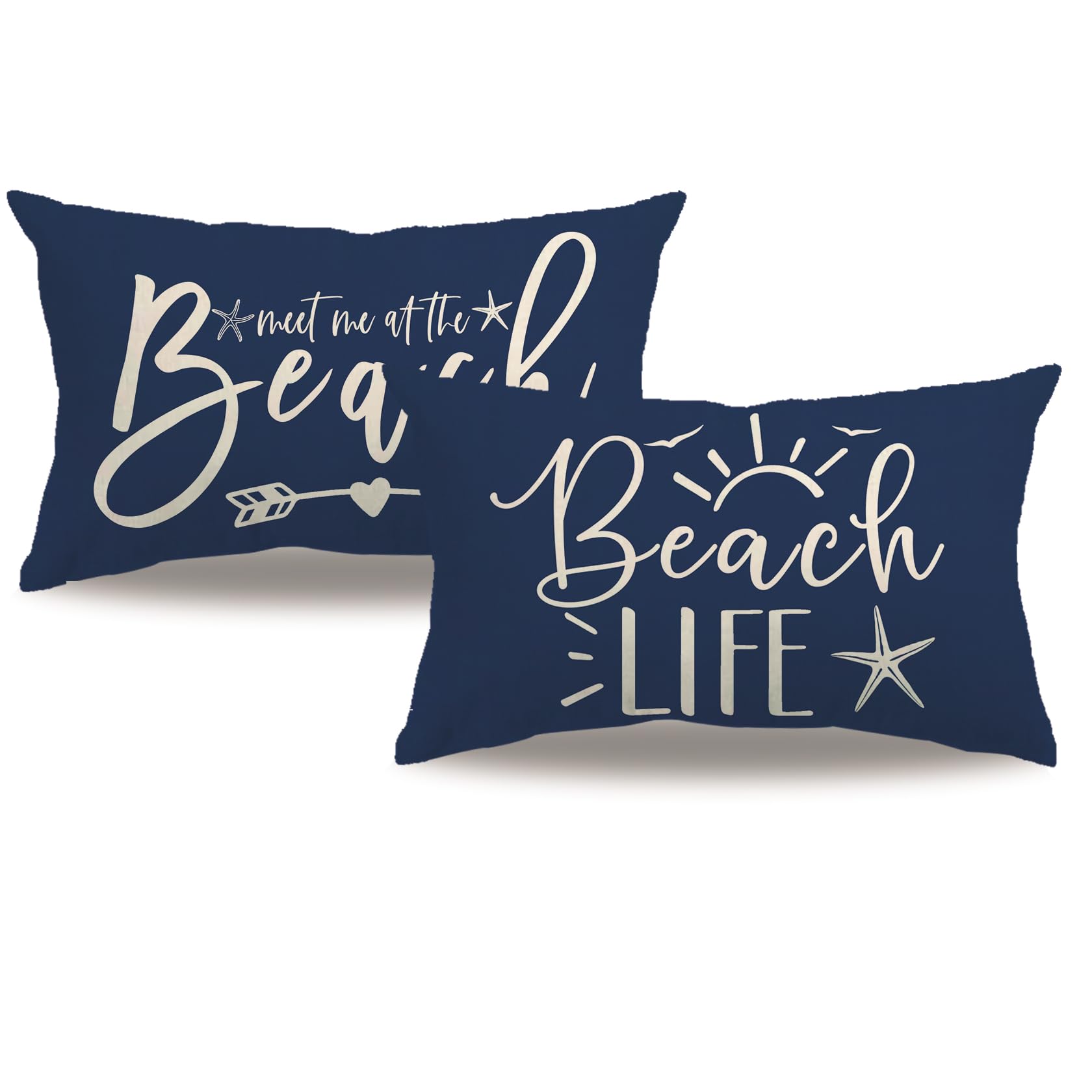 7COLORROOM 2Pack Beach Style Pillow Covers Double-Sided Printed Navy Blue Beach Life Starfish Summer Decor Rectangular/Waist Cushion Cover Ocean Theme Coastal Home Decor Pillowcases 12”×20” (Blue)