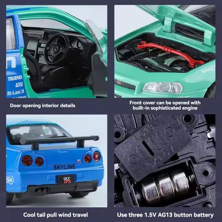 Image of 1:32 Scale Nissan Skyline GTR Alloy Diecast Pullback Metal Car Toy with Sound Light & Opening Doors - Best Gift Toy for Kids | Color As Per Stock