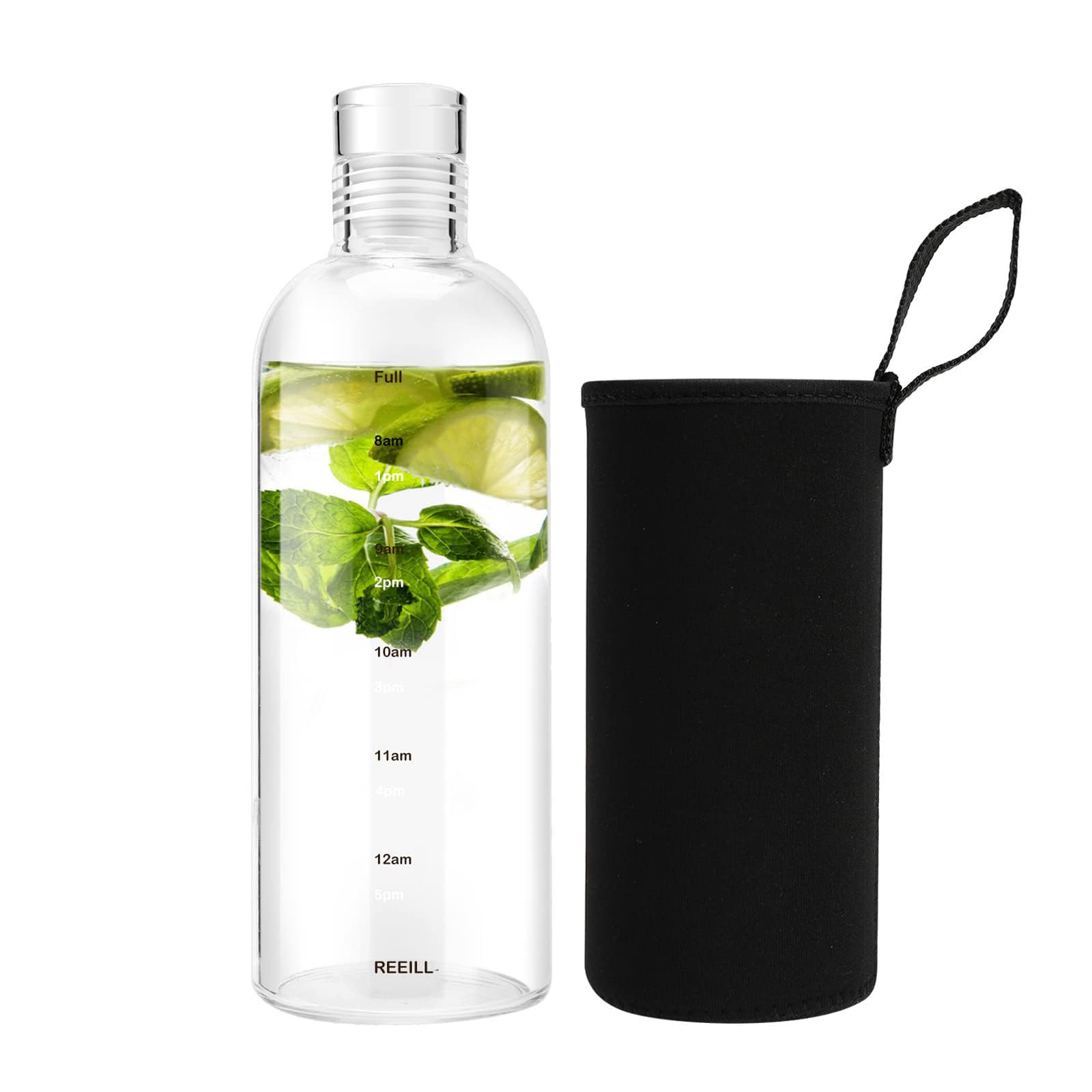 Clear Glass Water Bottles With Time Marker Non-slip Sleeve And Lids, Reusable Glass Drinking Bottles, Drink Water Bottle 26 Oz?Suitable For Drinks, Juices, Sodas, Coke, As Gifts Etc.(750ml)