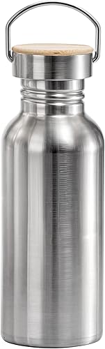 Botella de agua de acero inoxidable sin aislamiento, de una sola pared, lazo de transporte y tapa de madera, 17 onzas, para ciclistas, deportes,
