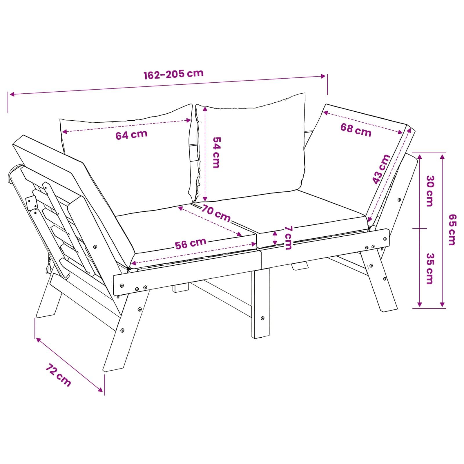 Panca da giardino 3 in 1 in legno di acacia massiccio con cuscino beige, resistente alle intemperie, pieghevole, per terrazza, balcone, giardino anteriore, come panca e lettino per