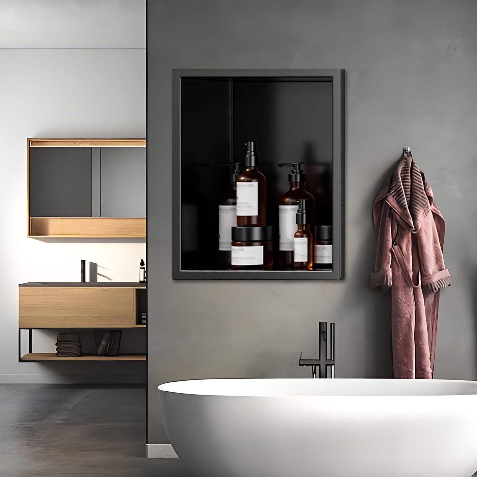 QUSYZD Wall Recess Stainless Steel Shower Niche for Living Room, Lounge, Bathroom, No Tiles Required, Bathroom Storage Niche, Matte Black,with Light,120x28cm,No Light-32x32cm