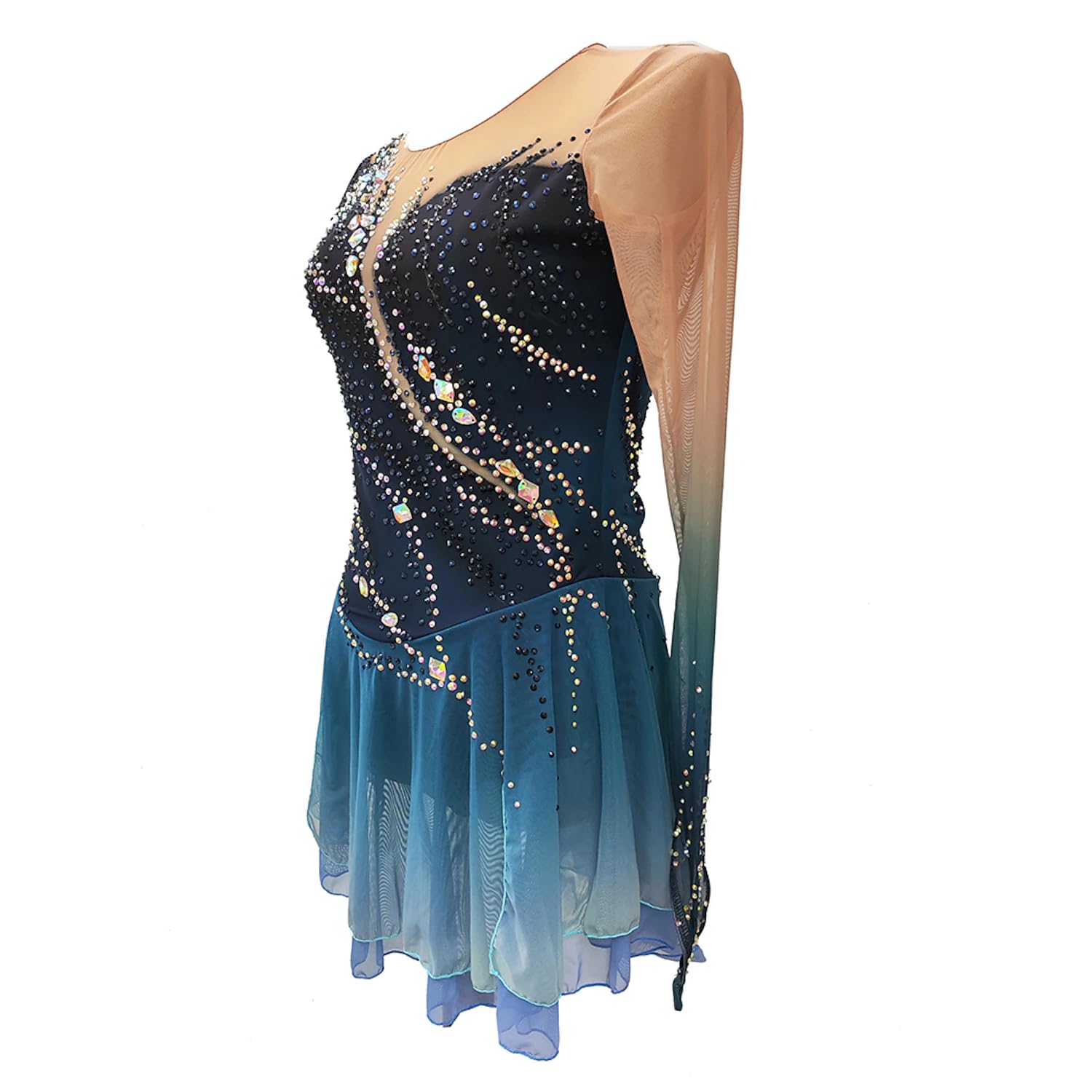 purpleq Eiskunstlauf Kleid für Damen Eislaufbekleidung für Mädchen Dunkelblaues Halo Färben Elastizität Professionelle Wettkampf Skating Bekleidung Kristall Warmes Langarmshirt