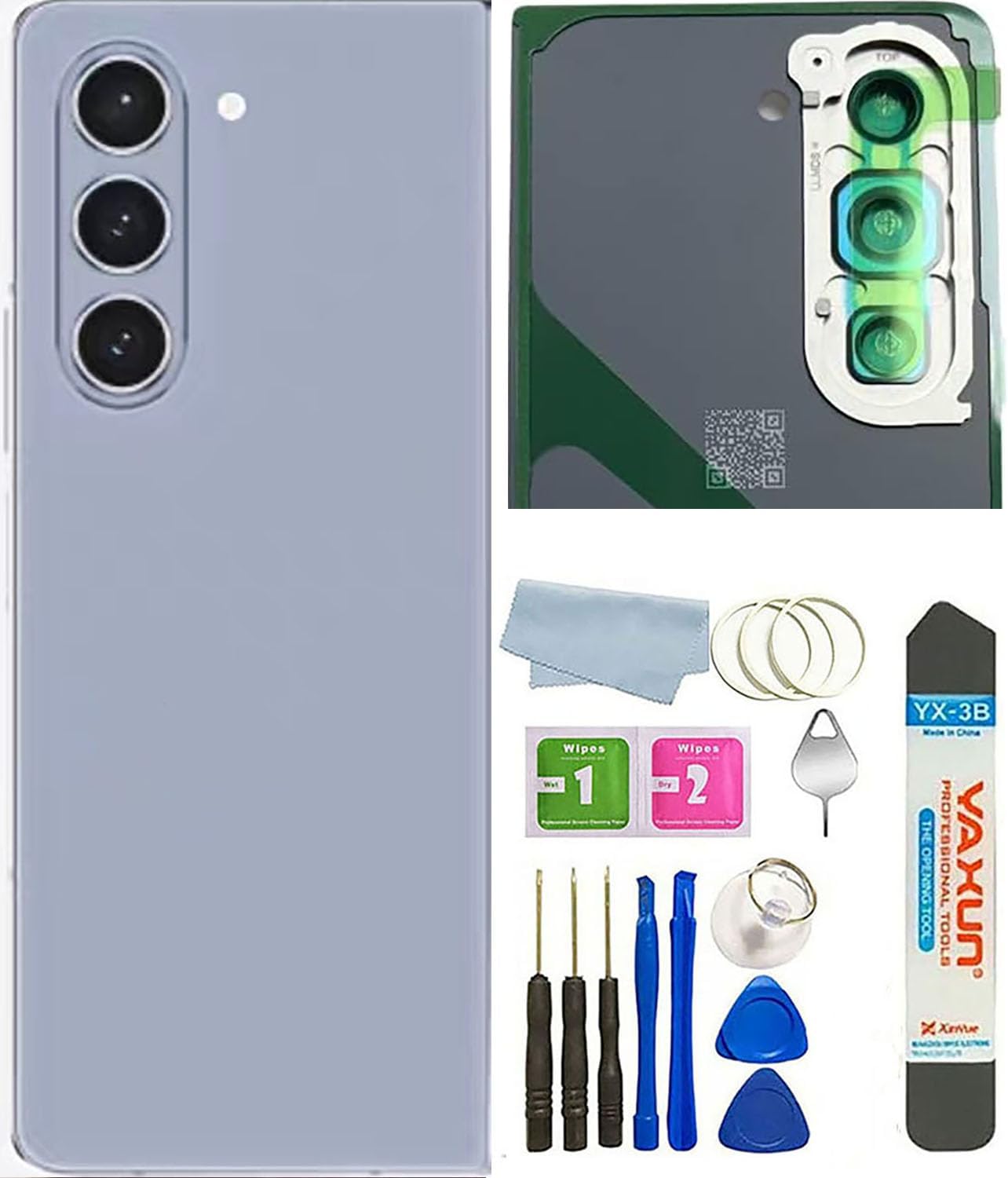 Z Fold 5 Back Glass Cover Replacement for Galaxy Z Fold 5 5G Back Glass Housing Cover Photo Frame with Back Cover W/Pre-Installed Tape + Tools (ICY Blue)