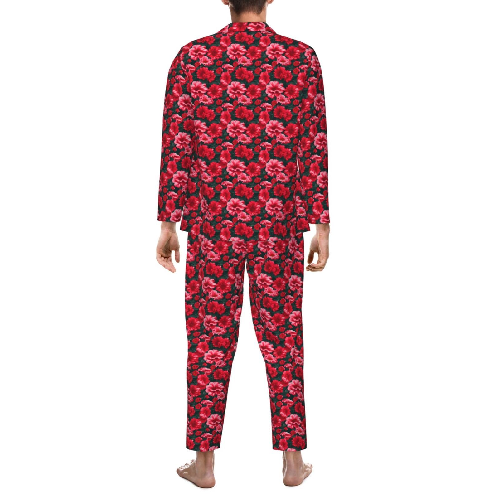 Herren-Pyjama-Set, langärmelig, Rot, Rosa, Blumendruck, zweiteilig, Hauskleidung, bequeme Nachtwäsche
