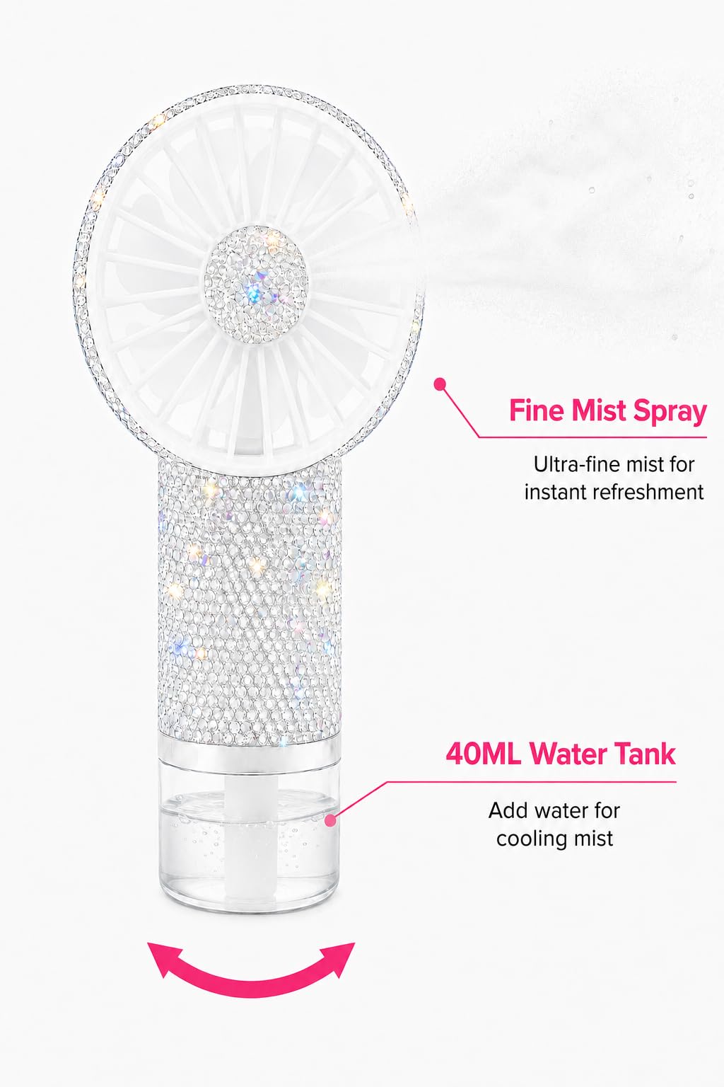 Lindo gato ventilador de mano con spray de niebla, ventilador personal portátil recargable por USB, diseño de diamante de viento fuerte, mini ventilador plateado para viajes, oficina, exteriores