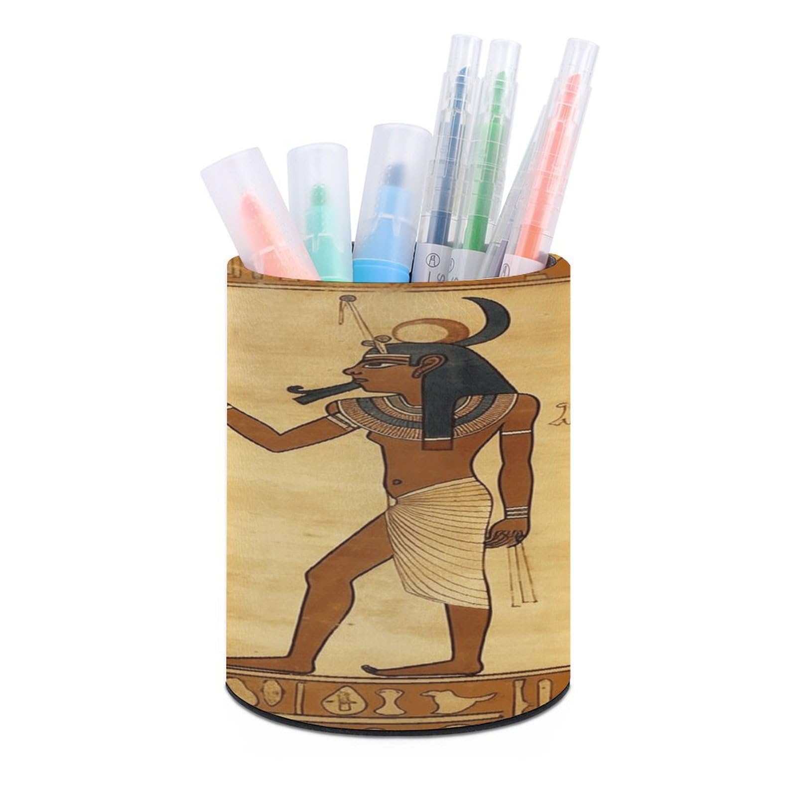 FekiLoot Ancient Egyptian Pen Holder Cup Fashion PU Leather Pencil Cup Minimalist Pen Organizer Round Pencil Holder Stand Work Locker Accessories for Decoration Desk Office Home