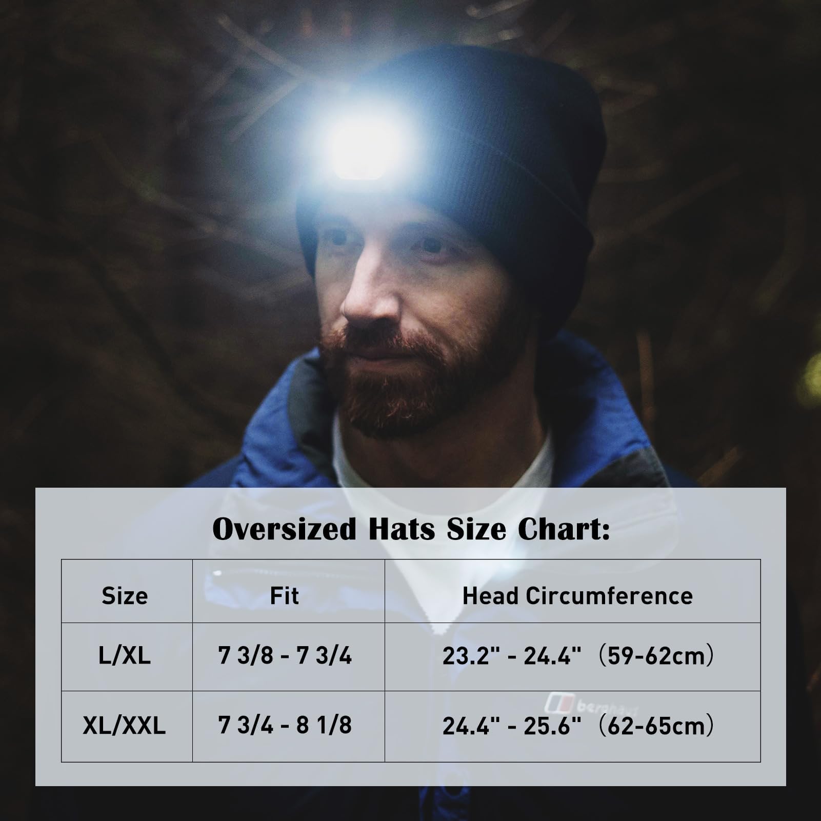 TOP-EX Gorros de lana merino de gran tamaño, XL, XXL, LED, unisex, con antorcha de luz, regalos para papá, impermeables, recargables, para correr, pasear al perro
