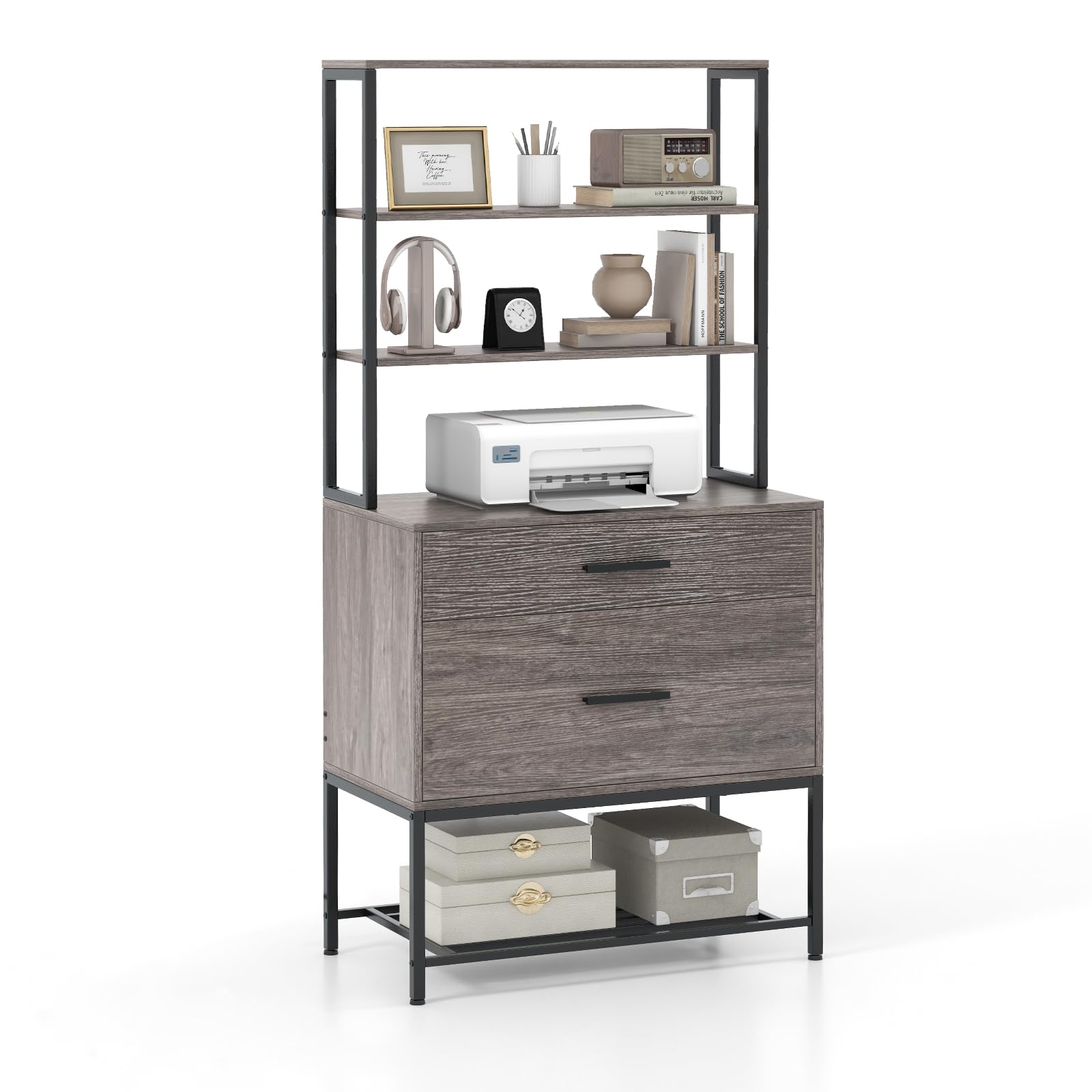 RELAX4LIFE Scaffale Libreria a 5 Livelli, Suppoto per Stampante, Mobile Portadocumenti Schedario da Ufficio, Armadietto Multifunzionale per Soggiorno, Studio, Camere da Letto (GRIGIO)