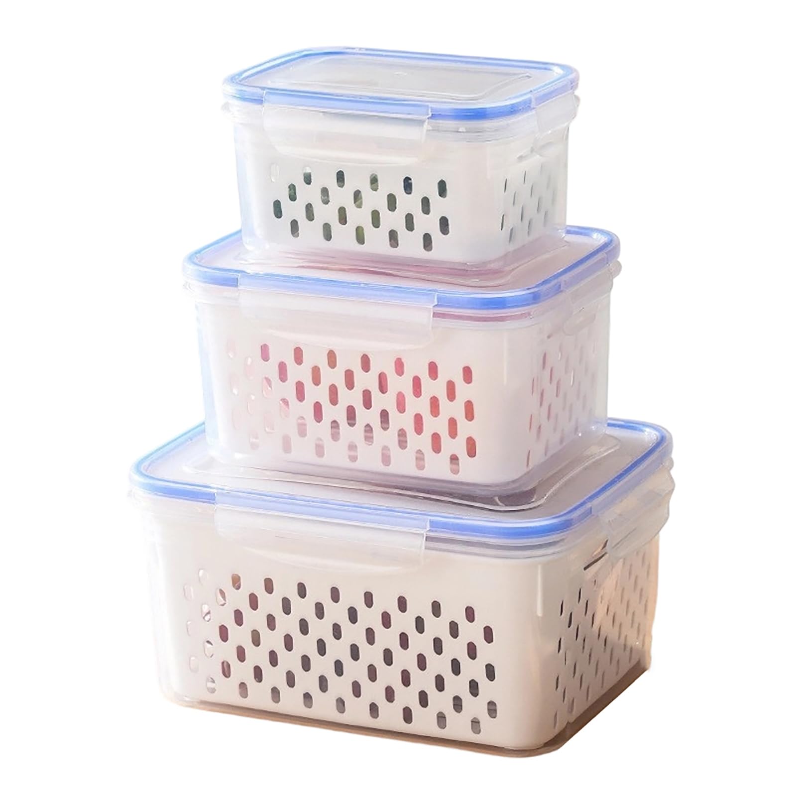 3PCS Crisper Box Airtight Food Storage Containers with Removable Drain Basket Stackable Meal Prep Containers for Fruits And