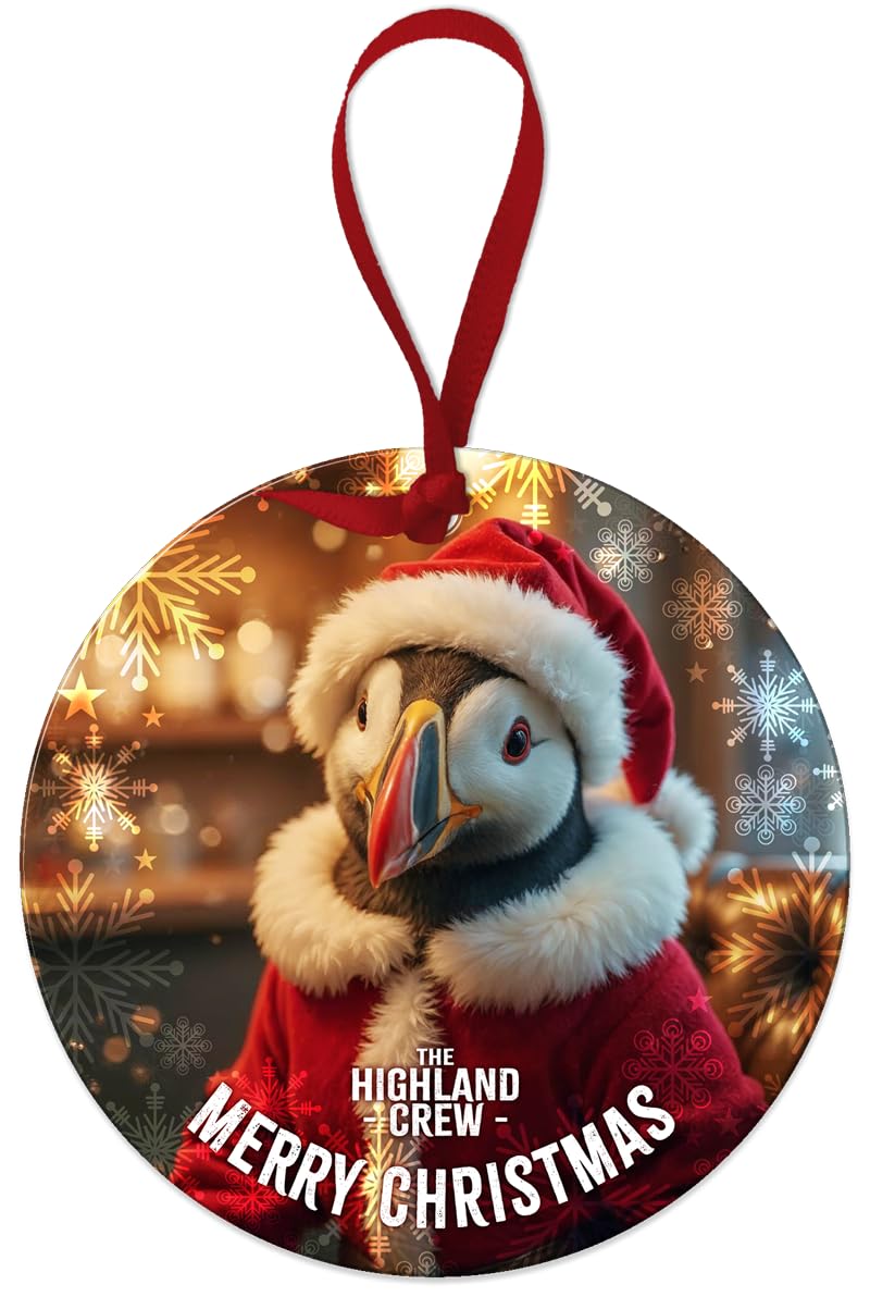 Round Metal Dangler Ornament Sign (75 mm Diameter) - The Highland Crew (Xmas Puffin)