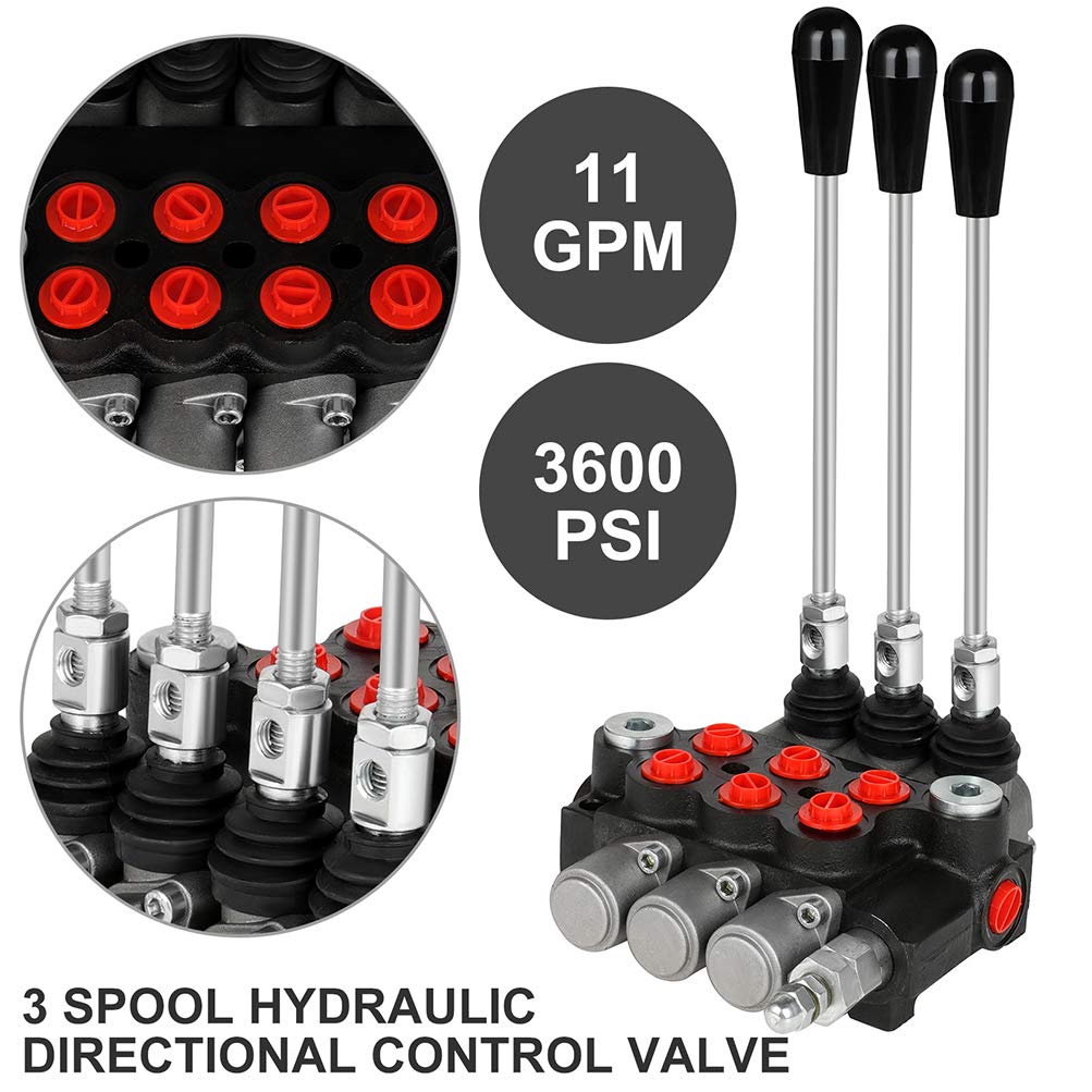 Válvula de control de flujo hidráulico de 3 carretes, 11 GPM, puertos SAE, mango de palanca de alivio ajustable, cargador de tractor central paralelo de doble acción con palanca de mando para