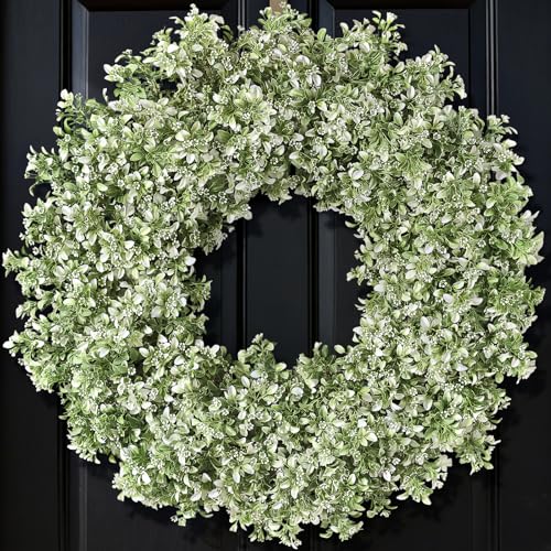 32 Large Artificial Boxwood Wreath for Front Door (White-Green)