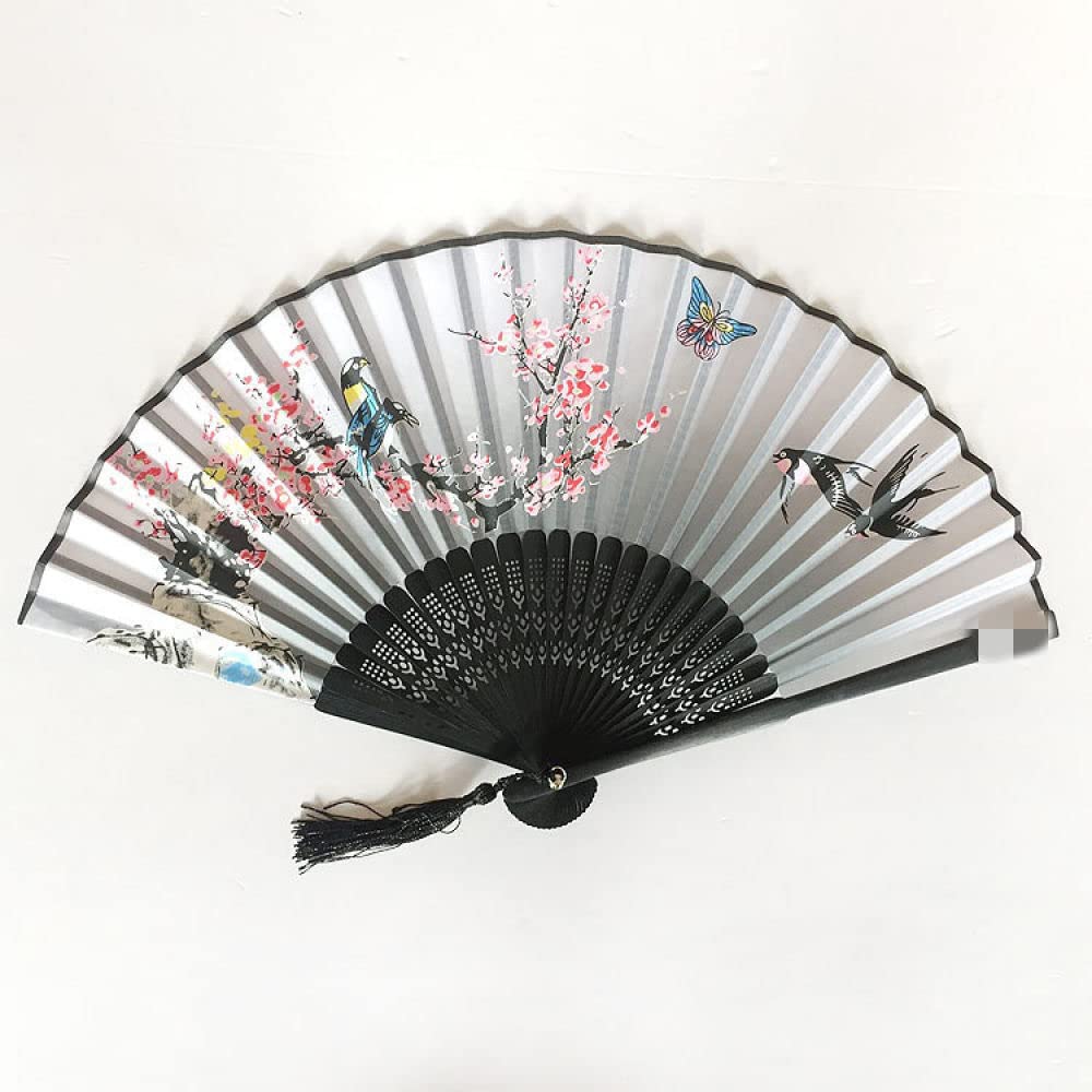 NZPOST Folding Fan Handheld, Silk Hand Fan Foldable Elegant Plum Butterfly Bamboo Fans With Tassel Grey Oriental Cloth Fabric Chinese Fan Handheld Folding Fan
