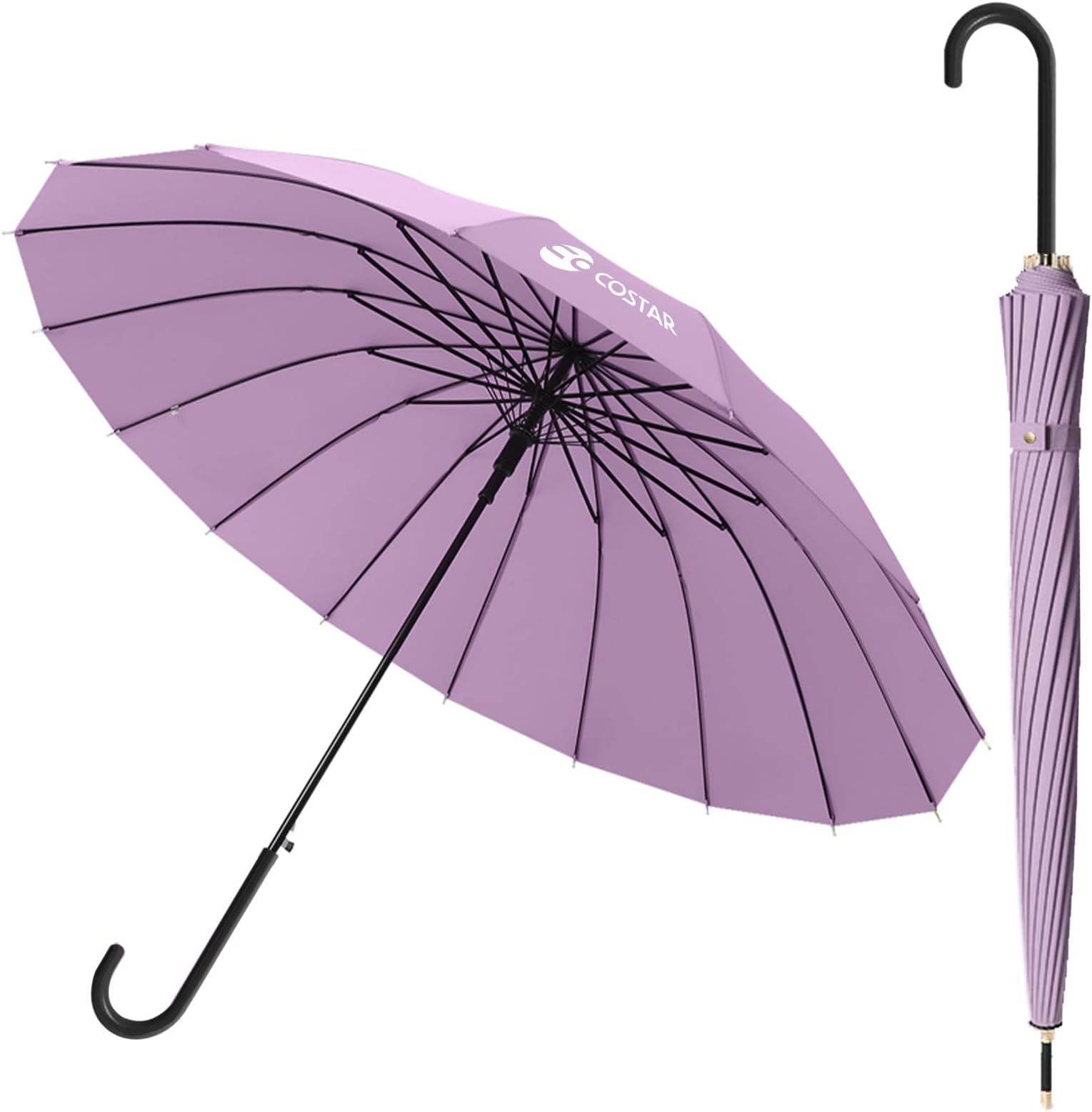 COSTAR Big Umbrella for Women, Portable 110cm Auto Open Travel Umbrella for 2 Persons, Strong 16 Ribs Windproof Fast Drying Waterproof J Handle Umbrellas Large Size for Girls (Purple)