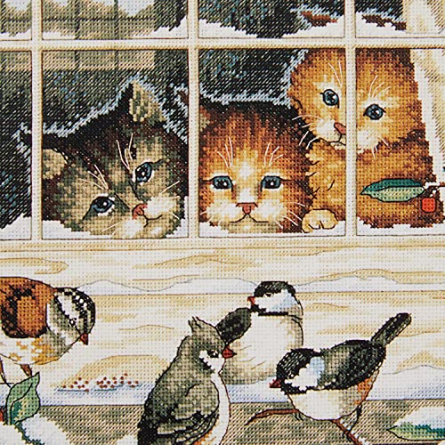 Image of Dimensions Counted Cross Stitch Kit 'Three Kitten Bird Watchers', Ivory Aida, 14'' W x 9'' H, 18 Count