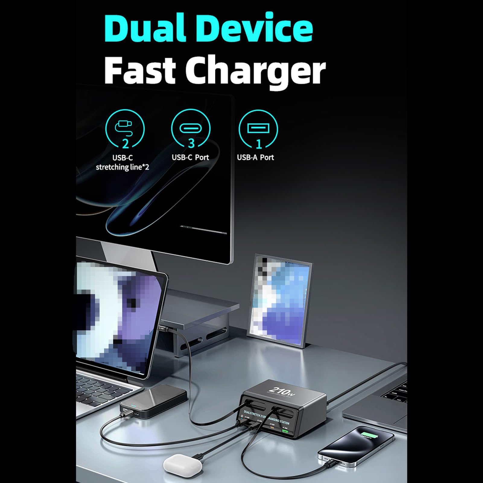 Vikye Ładowarka Biurkowa USB C o Mocy 210 W, 6 Portów, Podwójne Zwijane