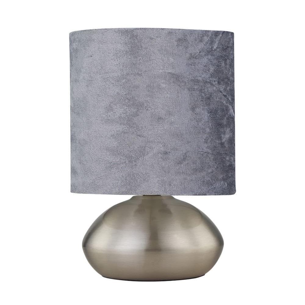 Firstchoicelighting Satin Nickel & Grey Brushed Chrome Touch Operated Table Lamp Or Bedside Light, Modern Design, Height 22Cm, Grey Crushed Velvet Shade, Led Compatible