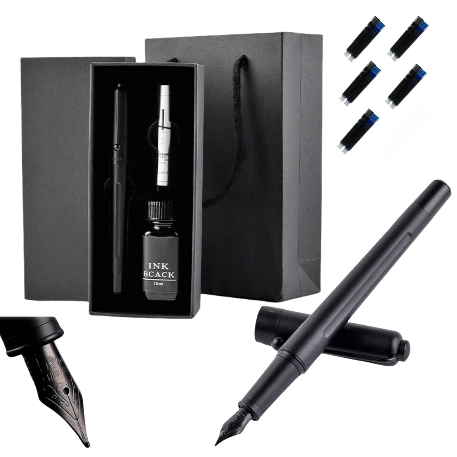 1 Satz Schwarz Luxus Füllfederhalter Set, bestes Stiftgeschenkset für Männer & Frauen, Kalligraphie füller (0.6mm)