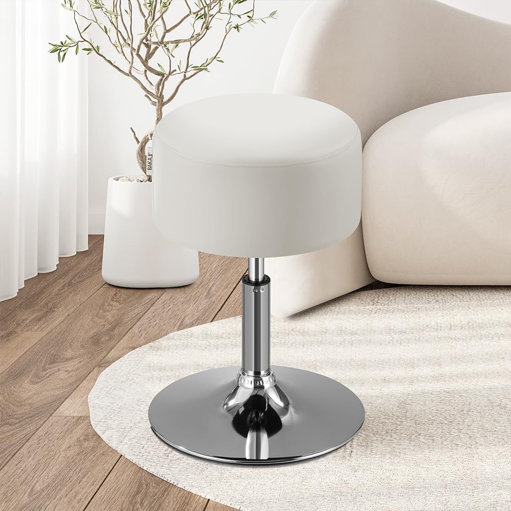 BAKAJI Sgabello Make Up per Toeletta Trucco Design Rotondo, Struttura Robusta Girevole a 360° Regolabile Altezza, Seduta Comoda e Imbottitura Alta Densità Ergonomica, Sedia Rivestimento Pelle (Bianco)