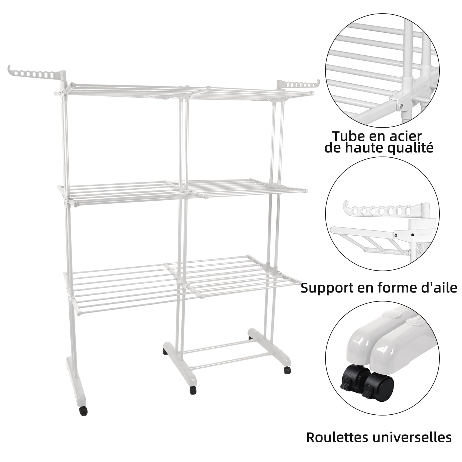 LANTUS Składany wieszak na ubrania, suszarka na pranie, wieża do suszenia, pionowa suszarka 3/4-poziomowa, suszarka oszczędność miejsca na balkon, 49 x (75-132) x 170 cm (biała)