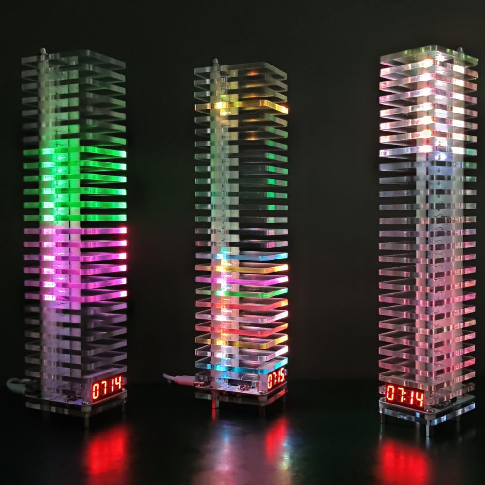 Kit de bricolaje de espectro de audio, indicador de espectro de audio con control de voz, reloj, kit de indicador de nivel colorido 24 LED resaltado
