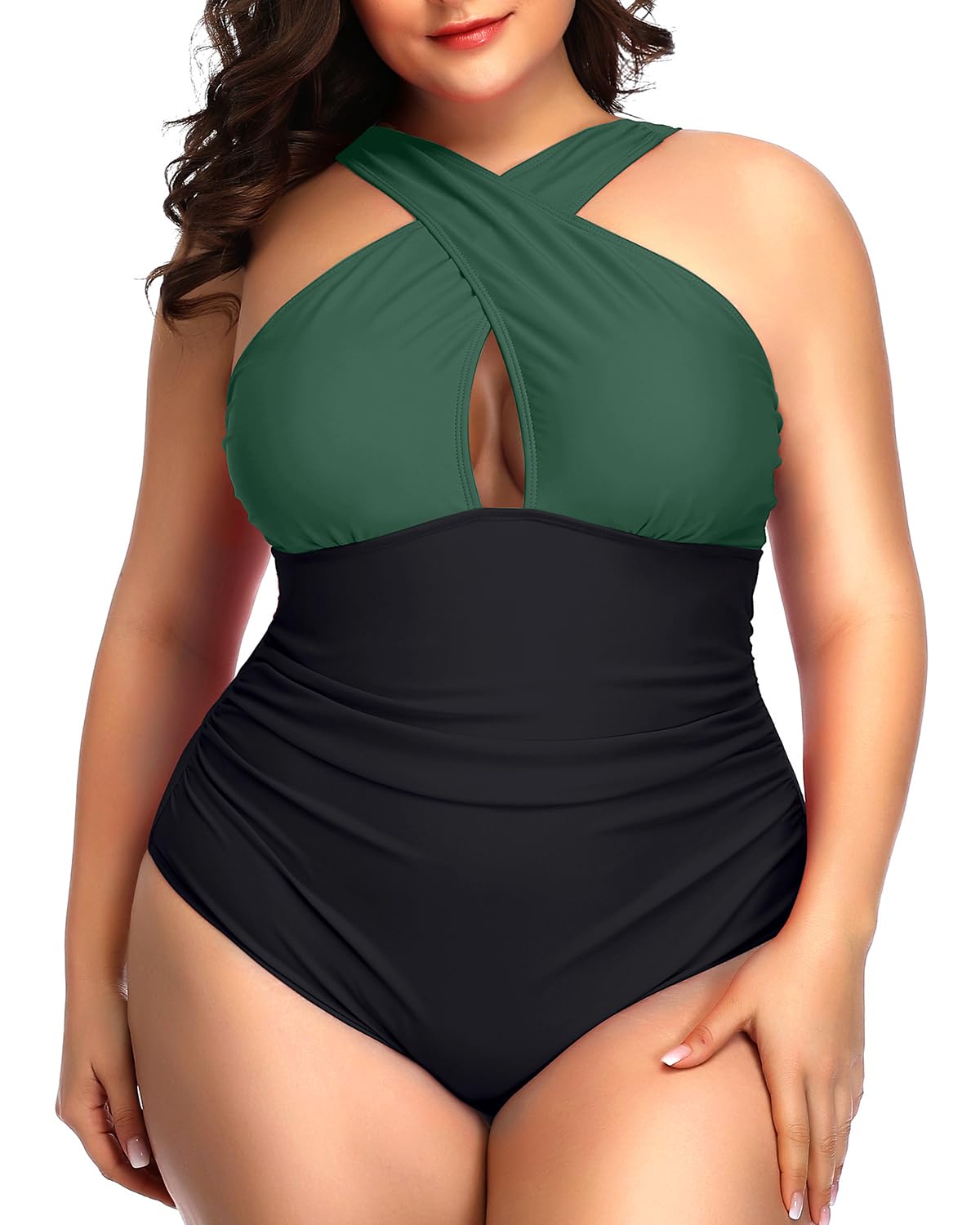 Daci Womens Front Cross Plus Size One Piece Swimsuits Tummy Control Keyhole Bathing Suits Swimwear
