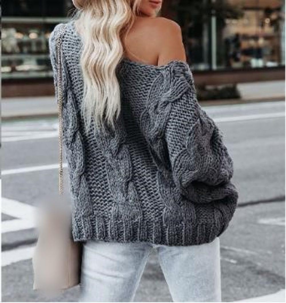 Pull À Épaules Dénudées pour Femme, Pull À Épaules Dénudées pour Femme, Pulls Surdimensionnés en Tricot Épais À Câble Aran, Pull en Tricot Sexy, Pull Décontracté, Hauts en Tricot