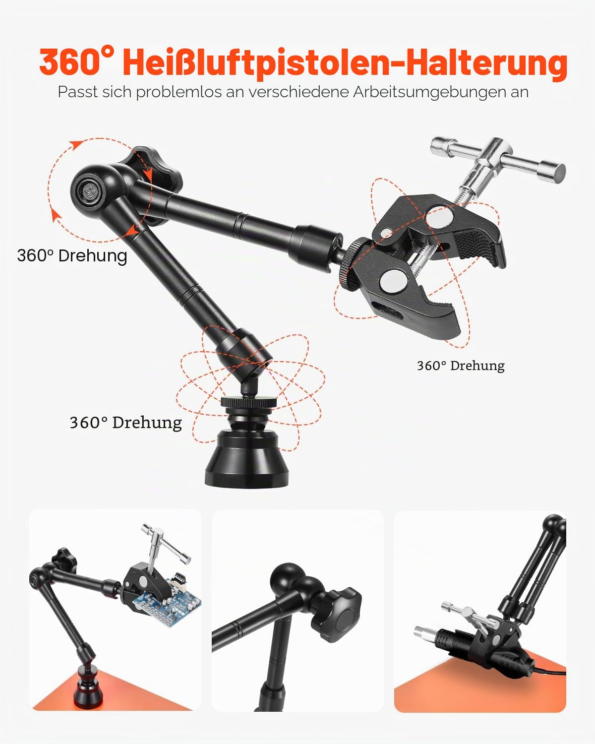 VEVOR Löthilfe dritte Hand, Magnetische Lötstation, 4 flexiblen Armen, mit 6 PCB-Säulenhaltern & 360-Grad-Heißluftpistolenhalter, Helfende Hand für elektronische Reparaturarbeiten, 279x178x3mm