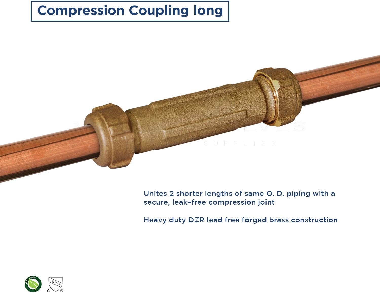 Midline Valve RLC2422 Compression Coupling, Packing Nut, Brass 2 in. Nominal Fitting, 5 in. Length