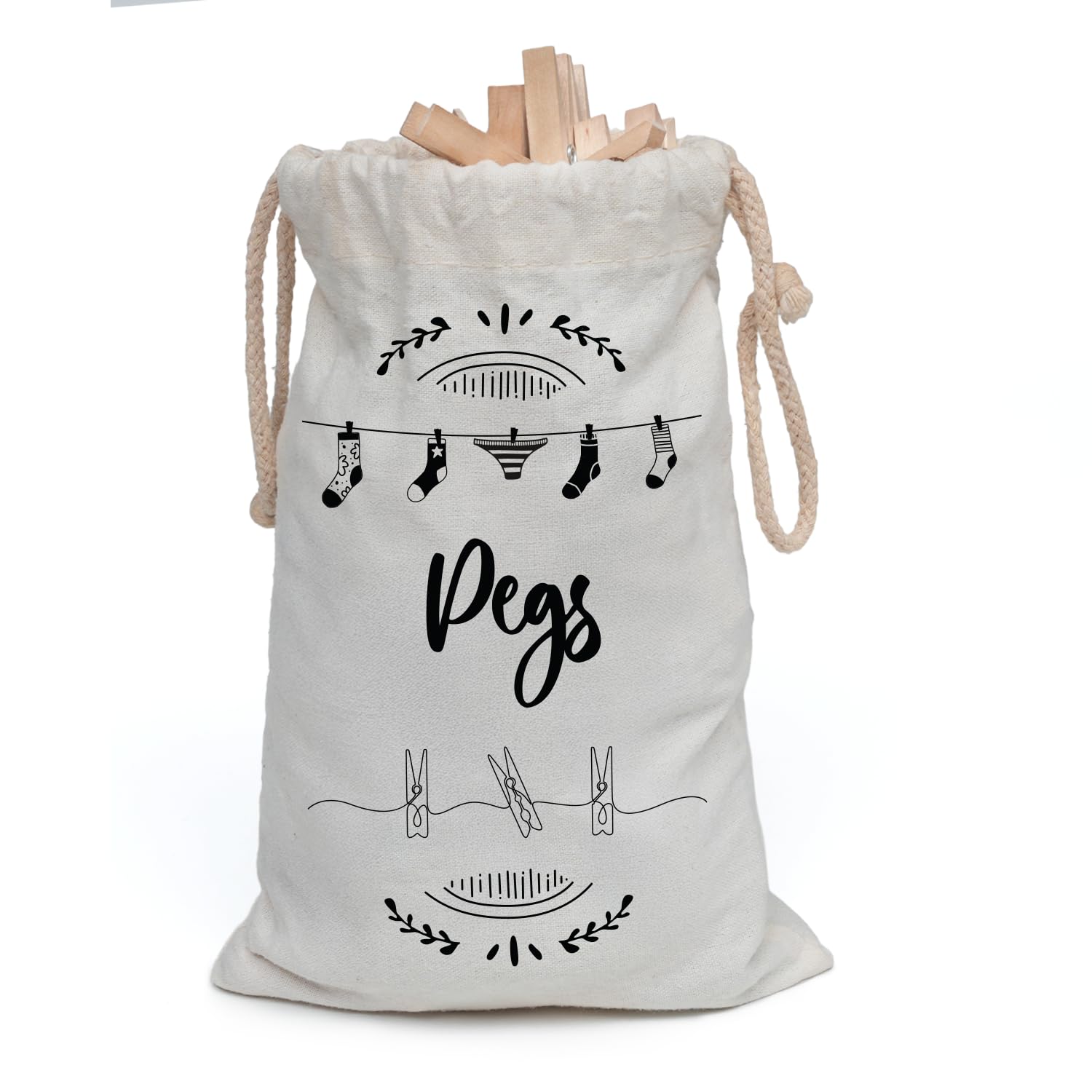 Flatro Pegs With Bag Clothes Peg Bag For Washing Line With Hanger Waterproof | Clothes Line Peg Bags With Hanging Clip & Drawstring Closure | Peg Bags For Clothesline (Pegs With Bag)