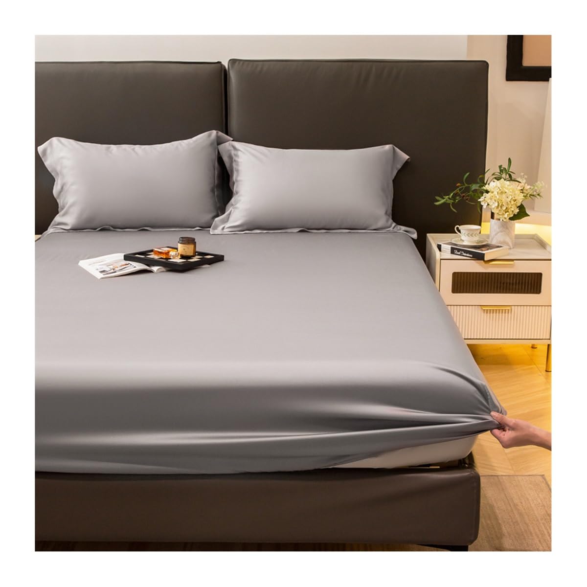 Premium Spannbettlaken 100% Tencel Lyocell Eukalyptusfasern Spannbetttuch for Allergiker Antibakteriell Ganzjahres Bettwäsche (Color : A, Size : Queen)