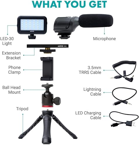 Miniatura 2 de Movo iVlogger - Kit de vlogging compatible con iPhone Android USB Tipo-C Accesorios para videojuegos trípode para teléfono, soporte para teléfono,