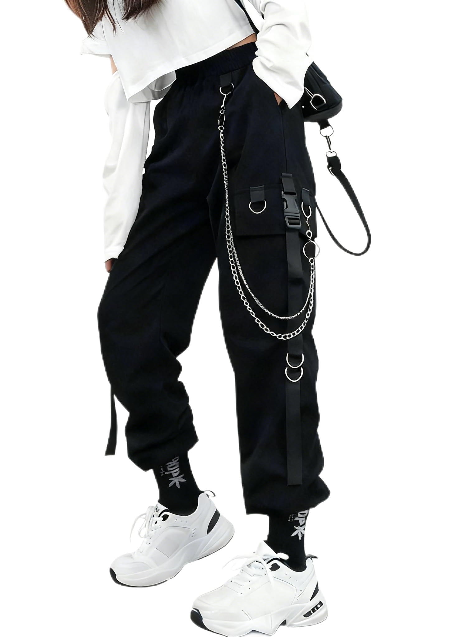 Gothic Cargo Parachute Pants with Chain Women Plus Size High Waist Y2k Harajuku Steampunk Halloween Trousers