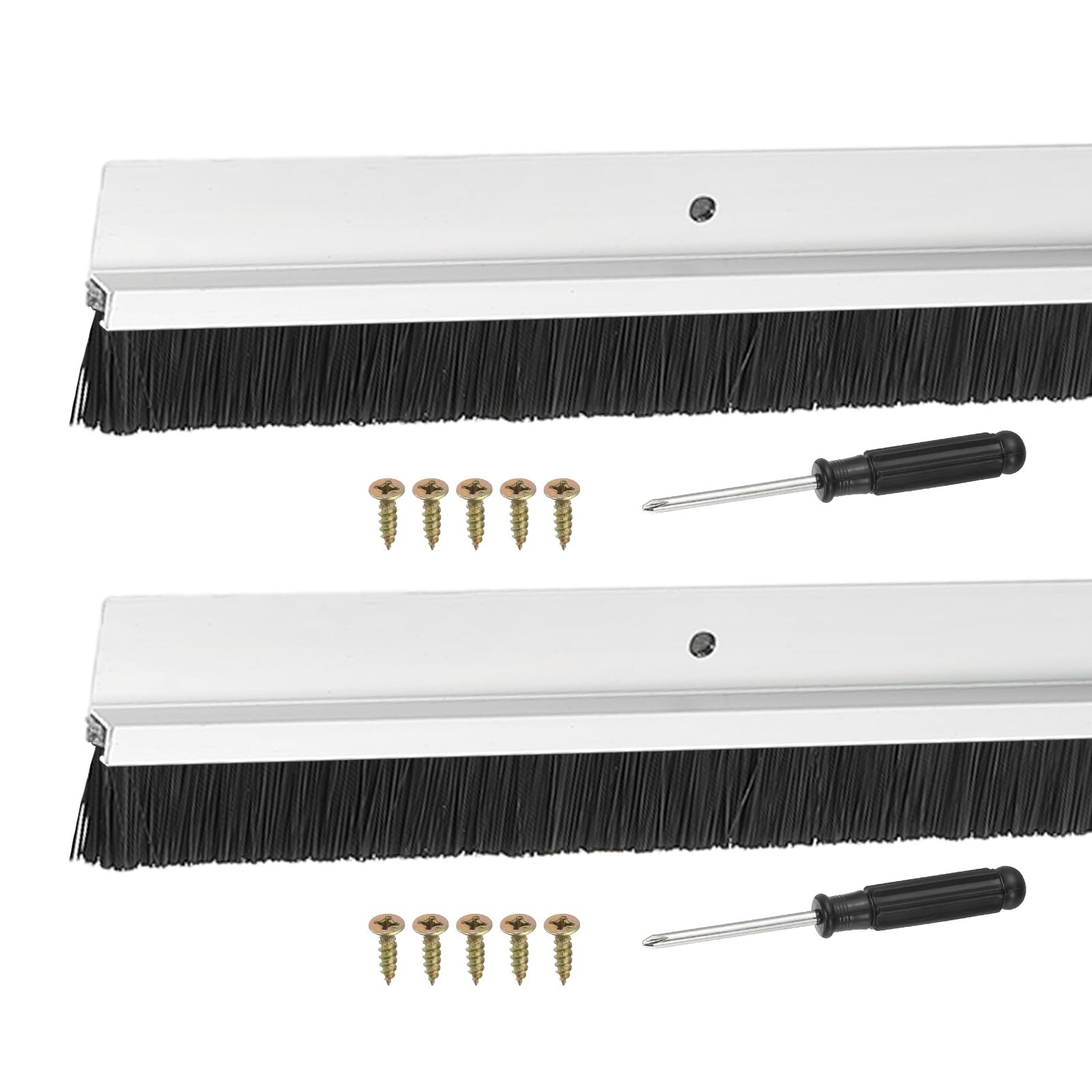 YELARXI Door Sweep Aluminum Alloy Brush Sweeps, 20mm Black PP Brush 1000 x 45mm Fit for Gaps of Door Bottom - H-Shape Holder (2 Pcs, Silver)