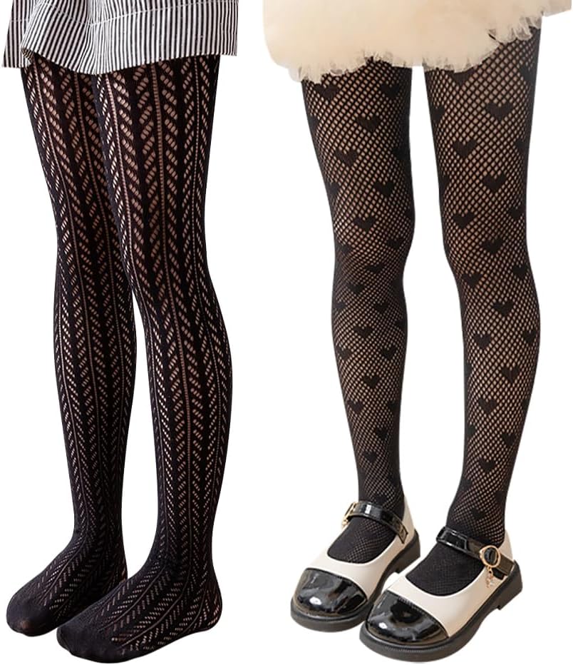 2 Pairs Heart Print Stockings Patterned Fishnet Stockings Long Sheer Stockings Girls Fishnet Tights Cute Mesh Socks Kids Black Tights