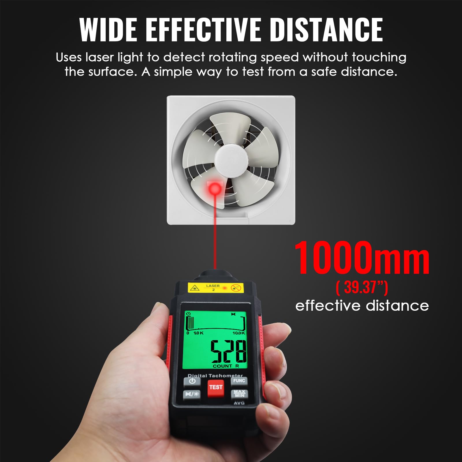 Tachimetro laser contactless RPM 10-99999 giri/min, alta precisione con nastro riflettente, retroilluminazione LCD e max/min/media, funzione di supporto dati, sensore di rotazione per gebra domestica