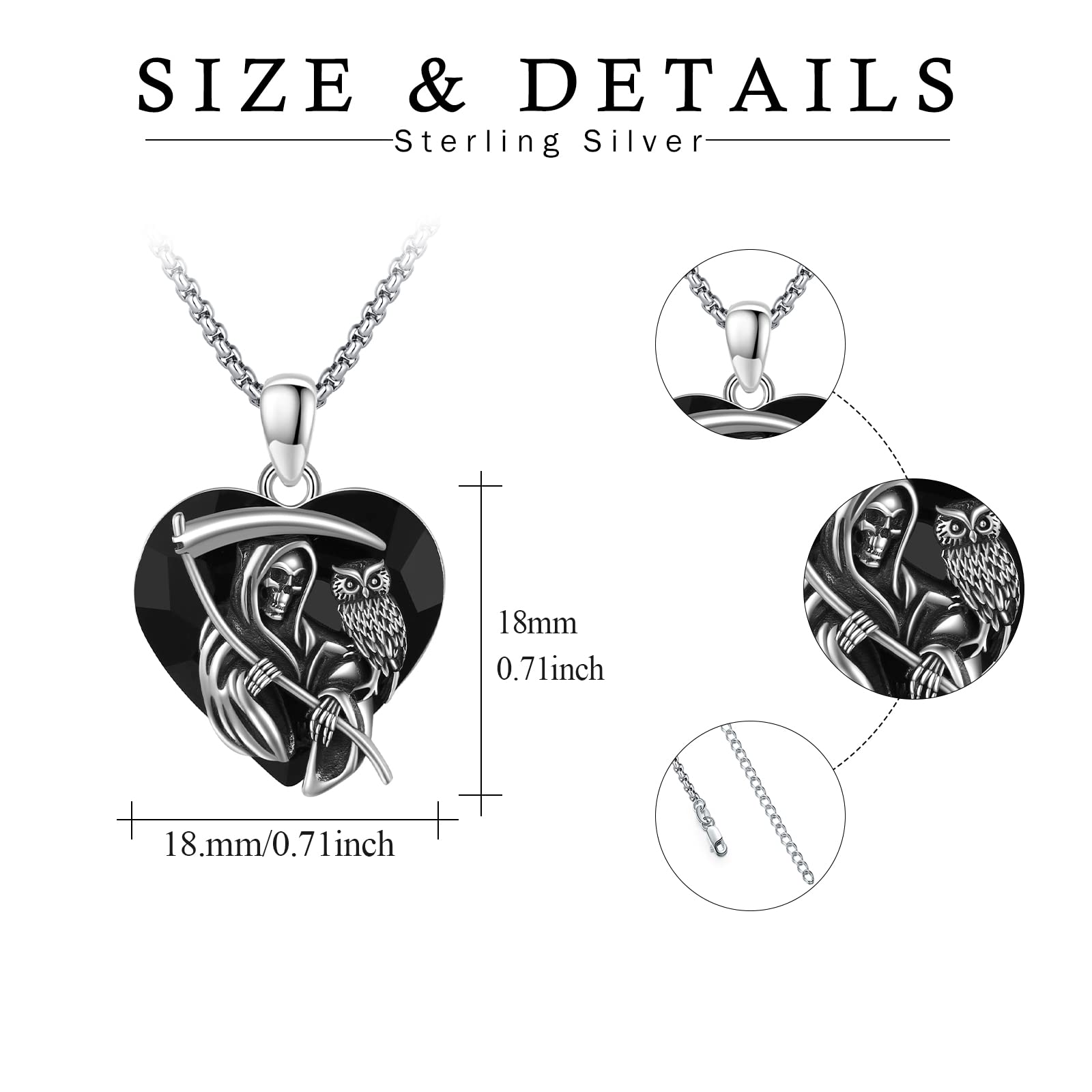Reaper - Collar de plata de ley 925, diseño de búho y Santa Muerte con cristales negros, collar de Halloween, joyas de Halloween, regalo para mujeres y hombres, 22 + 2 pulgadas, 18 * 18 mm, Plata