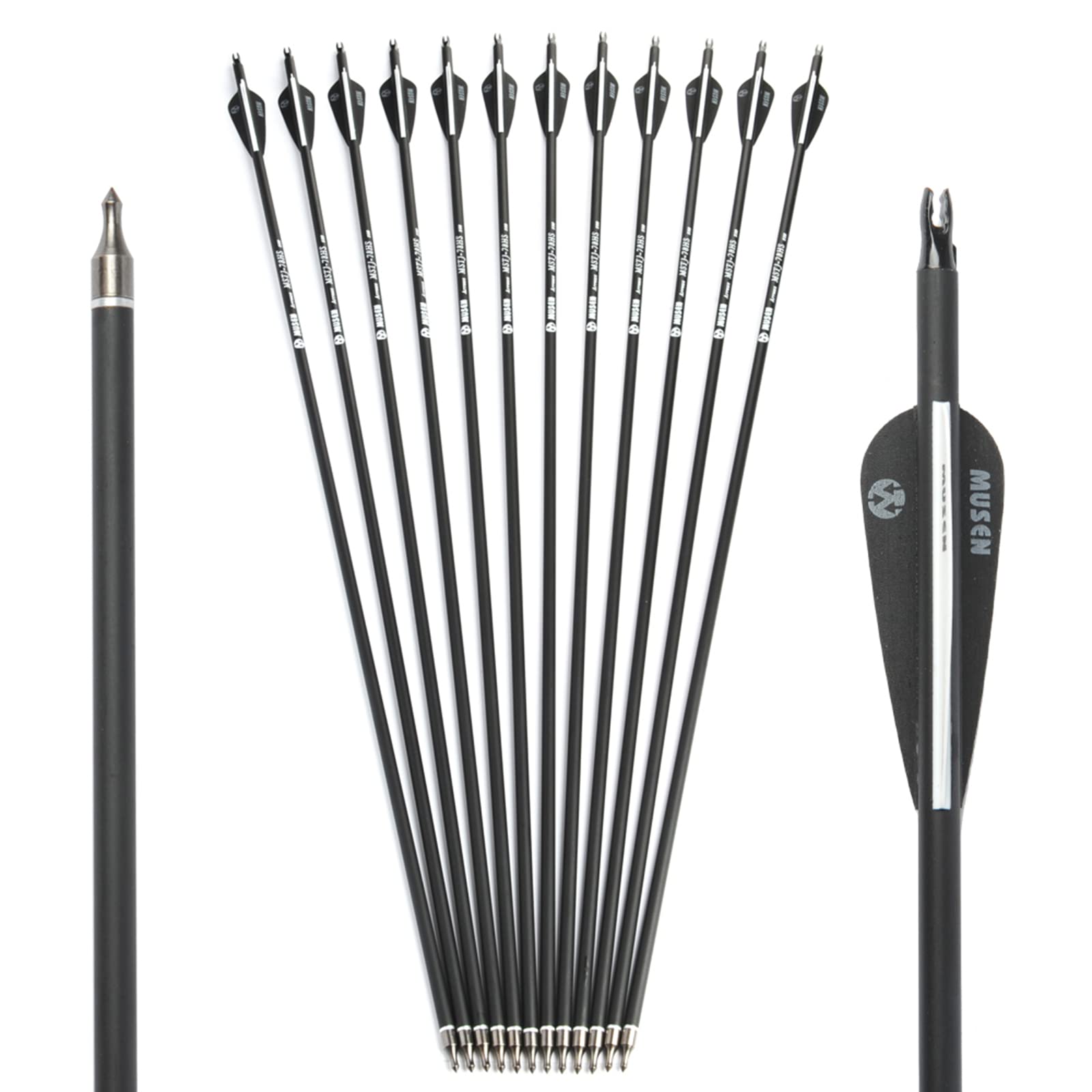 Musen 28"/30" Carbon Archery Arrows, Shaft Spine 500 with Removable Tips, GPI 13.0 Hunting and Target Practice Arrows for Both Compound Bow and Recurve Bow, 12 Pcs