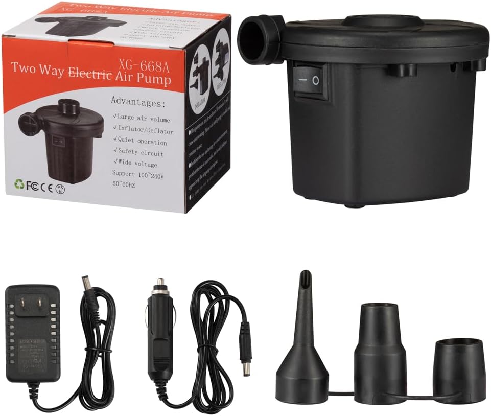 Air Pump Portable Quick-Fill Air Pump with 3 Nozzles,5kPa for Inflatables Mattress Pool Floats Toy Water Raft Bed Boat Pool Toy with 110 US Adaptor and Car-Powered 12v-DC