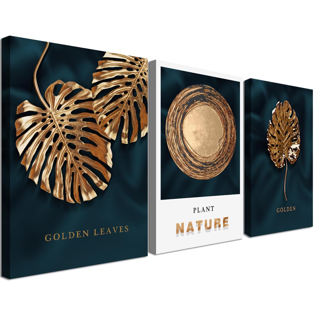 QTESPEII Large Abstract Wall Art for Living Room Gold Monstera Leaves Pictures Vintage Record Canvas Prints Wall Decor Modern Tropical Plants Artwork Home Decoration Ready to Hang - 16"x24"x3Pcs