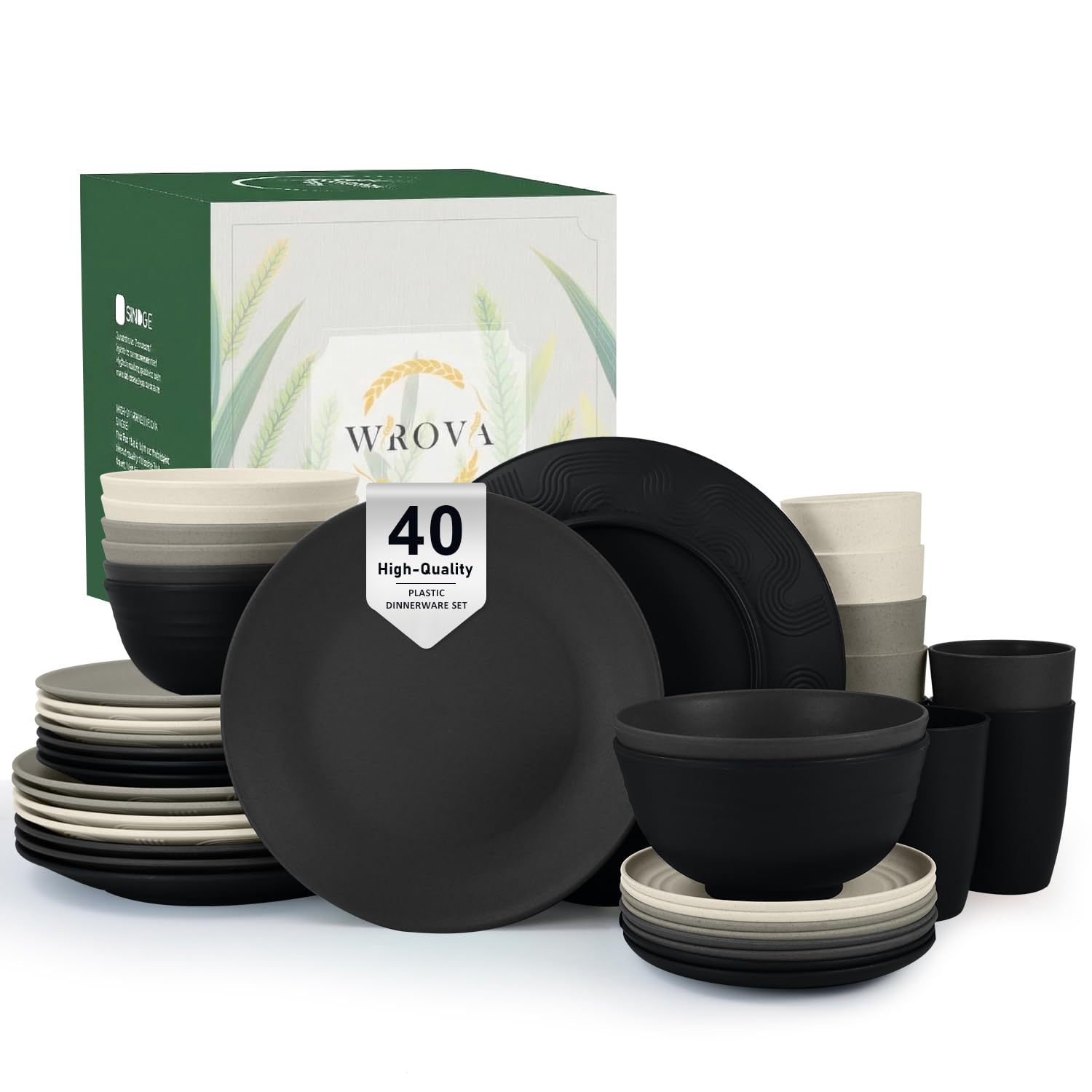 Wrova Reusable Plastic Dinner Set 40 PCS - Dinner Set for 8 | Lightweight Plates and Bowls Set with Cups, Dishwasher & Microwave Safe Unbreakable Dish Set for Picnic, RV, Camping - Black&Beige